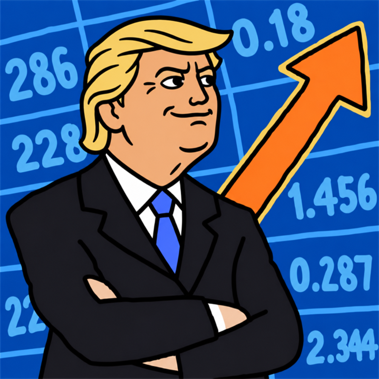 Cartoon Trump in a dark suit with blond hair, in front of a blue stock board and an orange upward arrow.